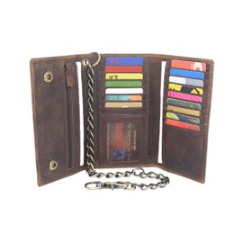 RFID Blocking Mens Tri-fold Long Style Crazy Horse Leather Steel Chain Wallet, (Skull Brown)