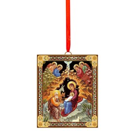 Needzo Nativity of Christ Christmas Ornament Wooden 2 Sided Orthodox Icon Gold Foil 3 1/16 Inch, Christmas Decoration Gift, Red Ribbon For Hanging