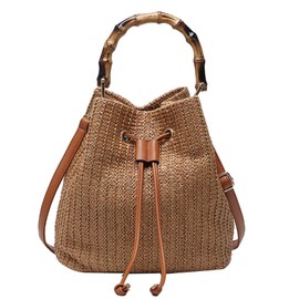 Goclothod Small Drawstring Shoulder Bag Straw Weave Handbag Summer Beach Purse