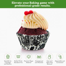 Regency Wraps Greaseproof Professional Grade Baking Cups, Pack of 40, Standard Liners, Black/White Paisley, for Cupcakes, Muffins, Candy, Non Stick