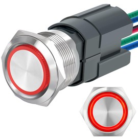 15 Amp 22mm 5/8" Momentary Push Button Switch 24V DC/AC Red Led DPST Angel Eye LED Stainless Steel Round Self-Reset with Wire Socket