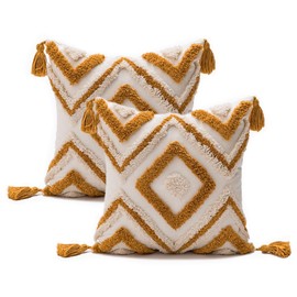 Andreannie Pack of 2 Boho Tufting Throw Pillow Cover Embroidered Textured Cushion Cover with Tassels Soft Home Decororative for Couch Sofa 18x18 inch (Yellow)