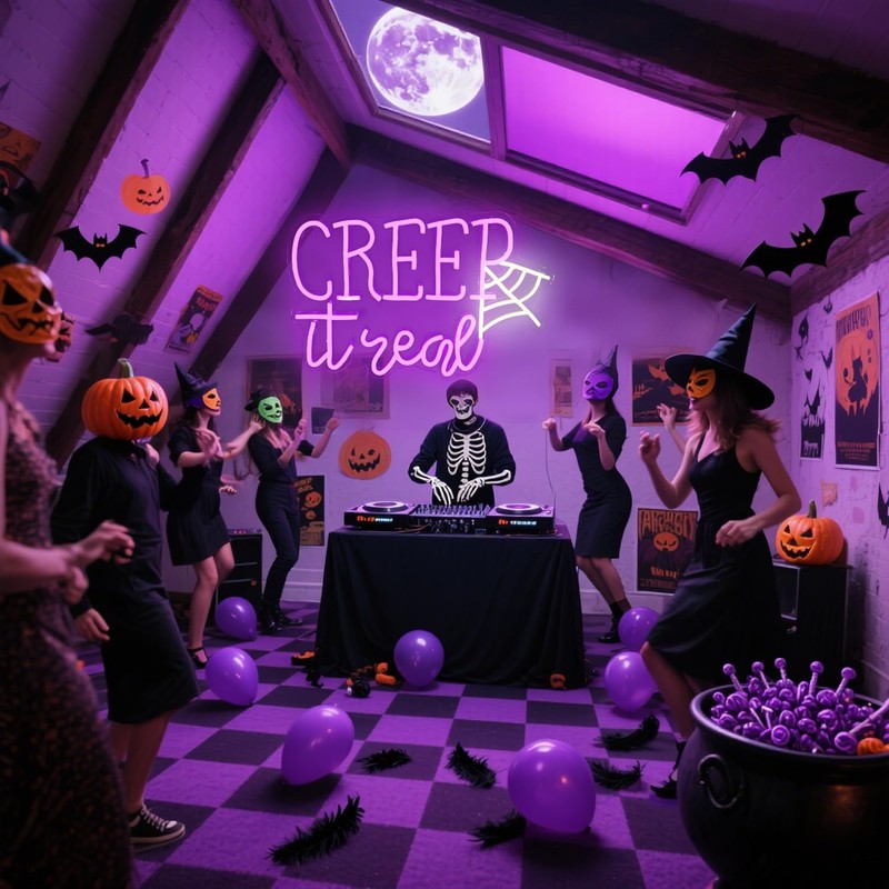 Creep It Real Halloween Neon Sign with Ghost & Spider