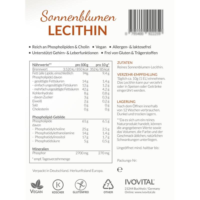 Sonnenblumen-Lecithin flüssig (Allergenfrei), IVOVITAL® (550 ml)