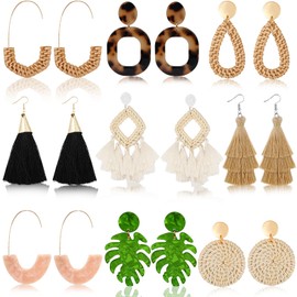 Hazms 9 Pairs Rattan Earrings Tassel Earrings for Women Lightweight Acrylic Geometric Statement Woven Earring Handmade Straw Wicker Braid Hoop Drop Dangle Earrings
