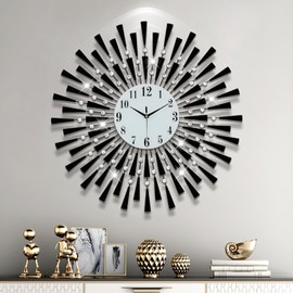 FLEBLE Modern Large Wall Clocks for Living Room Decor Big Silent Wall Clock Battery Operated Non-Ticking for Kitchen Bedroom Home Decoration Black Metal Round Quartz Clock Wall for Office Indoor