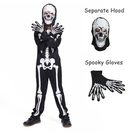 Sincere Party Glow In the Dark Skeleton White Bones Skeleton Costume with Gloves&Hood for Kids 12-13years