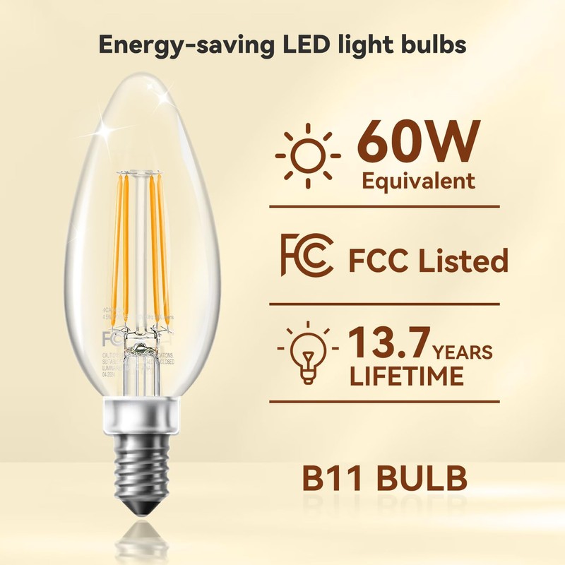 TJOY LED Candelabra Bulbs Dimmable, 60W Equivalent Chandelier Light Bulb,