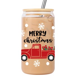 Lovearth Christmas Glass Cup with Lid & Straw, Christmas Tumbler, 16oz Iced Coffee Cup, Preppy Christmas Gifts, Xmas, Cute Christmas Gifts for Women, Men, Teens, Holiday Gifts, Christmas Decorations