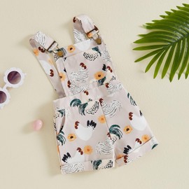 ZINTAOZT Kids Boys Girls Overalls Farm Cow/Chicken Print Button Adjustable Straps Short Jumpsuit with Pocket Summer Clothes (Roosters Beige, 12-18 Months)