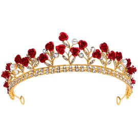 Red Rose Bridal Tiara Bridal Headpiece Alloy Rhinestone Wedding Crown for Prom, Pageant, Birthday, Party and Halloween, 1 Count (Pack of 1), Alloy