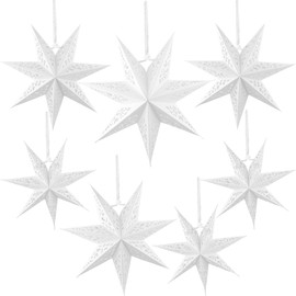 7 Pieces Christmas Paper Star Lantern White 7-Pointed Large Star Lamp Shade Hollow Star Paper Lantern Lampshades Hanging Decorations for Christmas New Year Birthday Wedding Party, 4 Sizes
