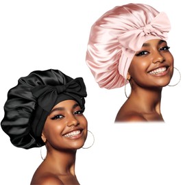 Silk Bonnet for Women Hair Bonnet for Sleeping Satin Sleep Cap for Black Women Curly Hair Braids，Black+Pink