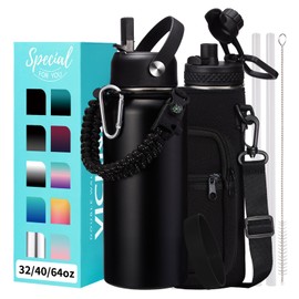 VICKNIY 32oz Insulated Water Bottles - with Straw Spout Lid, Bottle Holder Strap Sleeve, Survival Paracord Handle, Protective Cup Mat, Sweat-Proof Water Bottle, Metal Thermo Flask for Sports Workout