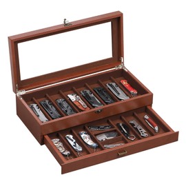 AUTOARK 2-Tier PU Leather & Velvet Knife Organizer with 17 Slots,Transparent Glass Top & Drawer,Compact Storage for Pocket Knives,Perfect for Men's Collections & Gifts,Coffee,MKAW012