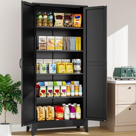 SISESOL 75" Tall Pantry Cabinet,Farmhouse Kitchen Pantry Storage Cabinets with 2 Doors and 5 Shelves,Black Metal Storage Cabinet,Large Cupboard for Home,Kitchen,Dining/Living Room
