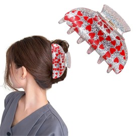 Valentine Hair Clips for Women Heart Hair Claw Clips with Silver Glitter Design for Thick Hair French Hair Barrettes Accessories (Red Heart)