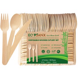 ECOSANX® 120 PCs Disposable Wooden Cutlery set 6.5" Splinter Free Compostable Utensils for party, Eco-Friendly, 100% All-Natural Bamboo Utensils set for picnic, Bamboo cutlery set for Events & More