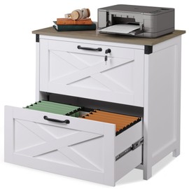 DEVAISE 2 Drawer Farmhouse File Cabinet with Lock, Lateral Filing Cabinet for Letter/Legal/A4 Size, Wood Printer Stand for Home Office, White