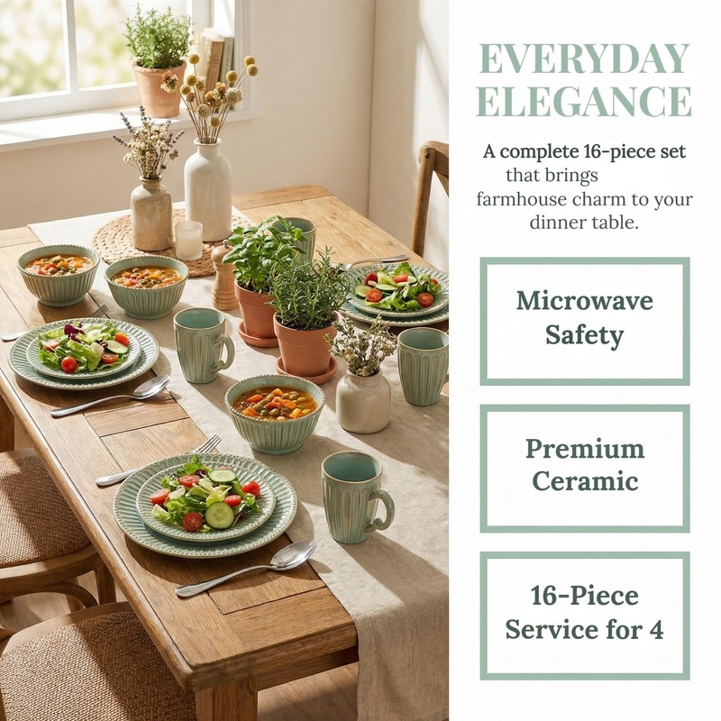 16-Piece Dinnerware Set for 4, Ceramic Plates, Bowls and Mugs,