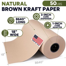 Paclord 18" x 8640" (720 feet) Natural Brown Kraft Paper Roll, 50 Lb Heavy-Duty – Made in USA Large Roll of Brown Wrapping Paper, 3-inch Core – for Packaging, Void Filling, Shipping, School, Crafts