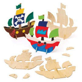 Baker Ross Wooden Pirate Ships (Set of 6) - Children Crafts & Crafting 3D Pirate Ships
