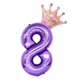 40 Inch Rose Gold Crown Number 8 Balloons, 8th Birthday Balloons for Men Women, Purple 8 Celebration Decor Happy 8th Birthday Party,0-9 Decoration Wedding Anniversary Events Supplies (Purple 8)