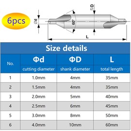 Pilot Drill Bit Set of 6 1/1.5/2/2.5/3/5 mm 60 Degree HSS Centre Drill Set For Precise Centring Drilling in Metals