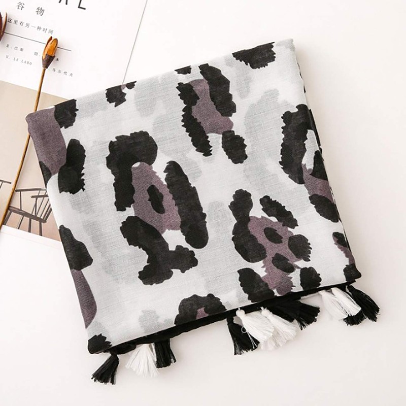 WHITE FANG MA039 Women's Stole Scarf, Cotton, Linen, Leopard Pattern,