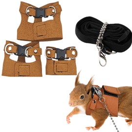 3 Pack Squirrel Harness and Leash Set - Adjustable Traction Rope Strap Anti-Biting Chain,Small Animal Training Walking Vest Leash for Squirrel Gerbil Chinchilla Rat (Brown)