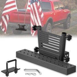 Trailer Dual Hitch Flag Pole Holder Step for 2 Inch Receiver with License Plate Frame & U-Bolts Stabilize, Compatible with Pickups Trucks Vans SUVs ATVs Camper, Double Towing Hitch FlagPole Mount
