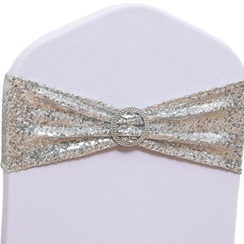 SINSSOWL Pack of 50 Spandex Sequins Chair Sashes Silver Chair Bands with Buckles, Folding Chair Bows Ties for Party Wedding Fiesta Dining Chairs Decor - Sequin Silver Chair Sash