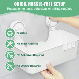 Suction Shower Caddy - Square Shower Storage No Drill, Hook Suction Shelf, Waterproof Rustproof Shelf Basket for Kitchen Bathroom Wall Marble Shampoo Razors Body Wash Soap with Drainage Design, White