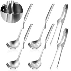 6 PCS Hot Pot Ladle, Strainer & BBQ Tongs Hotpot Kit - Shabu Shabu Utensils Set for Camping, Barbecue & Kitchen Cooking Ladle Set