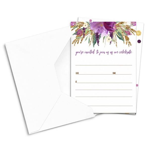 Purple Floral Invitations with Envelopes, All Occasion Party Invites for Bridal Shower, Graduation, Reception, Lilac and Gold, DIY 5x7 Blank Cards, 25 Count