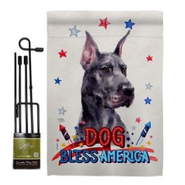 Breeze Decor Patriotic Cropping Black Great Dane Garden Flag Set with Stand Animals Dog Puppy Spoiled Paw Canine Fur Pet Nature Farm Animal Creature Small Gift Yard House Banner 13 X 18.5