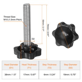 QUARKZMAN Pack of 8 Thumb Screws with Star Handle M10 x 55 mm x 38 mm Star Grip Screw Plastic Knob Stainless Steel 304 Threaded Bolts Clamping Screw Star Grip Nut Clamping Knob for Machine