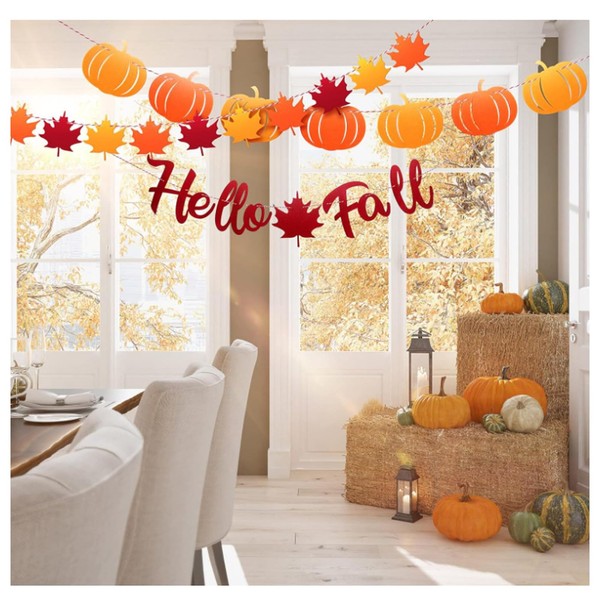 9.8Ft Hello Fall Maple Leaf Vine with Pumpkin Banner,Maple Leaves