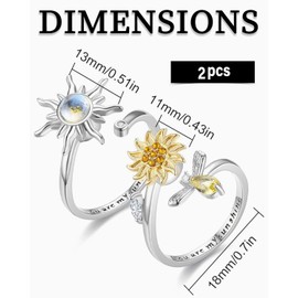 AORHOFJ Pack of 2 Silver Anxiety Rings for Women, Sunflower Fidget Ring, Mindfulness Ring, Anxiety Ring, Moonstone Spinner Rings, Adjustable Open Anti-Stress Ring for Women, Anti-Stress Ring