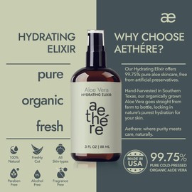 Aethere Aloe Vera Gel for Face, Skin and Hair - Sunburn Relief - Cold Pressed Organic Aloe Vera - Grown and Harvested in Texas - USA - Aloe - Elixir - 3 Fl Oz 2PK