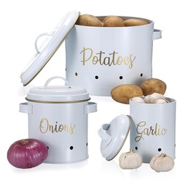 OwnMy Set of 3 Potato Onion Garlic Storage Bins Vegetable Containers Food Containers for Kitchen Counter, Potato Onion Storage Containers for Pantry Garlic Storage Jars Vegetable Canisters Set, White