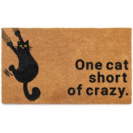 MAINEVENT One Cat Short of Crazy Door Mat 30x17 Inch, Coir Welcome Mat Outdoor Rug, Black Cat Gift Doormat Decor W/Non-Slip PVC Backing