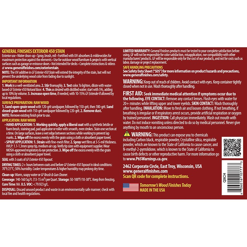 General Finishes Exterior 450 Water Based Wood Stain, 1 Quart,