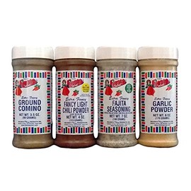 Bolner's Fiesta Extra Fancy Traditional Mexican Kitchen Seasoning 4 Flavor Variety Bundle: (1) Fajita Seasoning, (1) Comino (Cumin), (1) Light Chili Powder, and (1) Garlic Powder, 3.5-7 Oz. Ea.