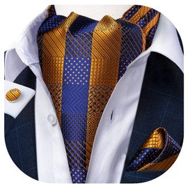 DiBanGu Blue Gold Ascot Ties for Men Cravat Tie and Pocket Square Set Jacquard Silk Ascot Paisley Cravat for Men