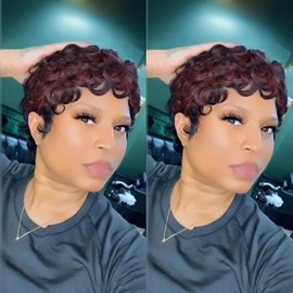 Rofa Beauty Pixie Wigs for Black Women Pixie Cut Wig Human Hair Short Curly Layered Pixie Wigs Black 99J Color Glueless Short Haircut Wig