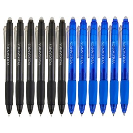 Volcanics Retractable Clicker Erasable Gel Pens - 0.7mm Ball Point, Heat Erase with Built-in Eraser, 12 Pack Black and Blue