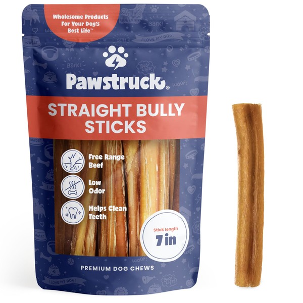 Pawstruck All-Natural 7" Bully Sticks for Dogs - Best Long Lasting, Rawhide Free, Low Odor & Grain Free Dental Chew Treat - Healthy Single Ingredient 100% Real Beef - 1 lb. Bag
