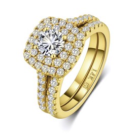 LUCA SMITH 0.8CT CZ Bridal Set for Women 14K Gold Plated Cubic Zirconia Square Round Cut Wedding Bands Engagement Promise Ring AAAAA Simulated Diamond Stackable Anniversary Eternity Rings for Her