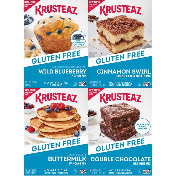 Krusteaz Gluten Free Mix Variety Pack: Blueberry Muffin, Cinnamon Crumb Cake, Double Chocolate Brownie and Pancake Mix (Bundle of 4)